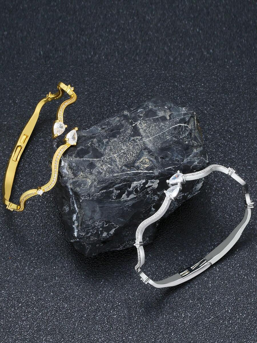 1件装奢华简约对称心形镶嵌锆石蛇形手镯，适合女性日常佩戴、节日、派对、开斋节/宰牲节礼物 - 鋯石滿鑲蛇形 - 查看 1