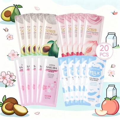  20pcs LAIKOU Exfoliating Scrub Body Cleansing Set, Travel Size 3g*5*4, Sakura, Shea Butter, Milk, Peach Moisturizing & Nourishing Daily Use, Soothing Skin, Basic Cleansing, Long-Lasting Fragrance, Spa Center