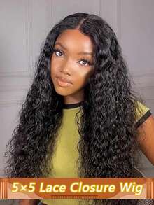 5x5 透明蕾丝前假发 水波纹假发 真人发预拔毛带婴儿发 深卷蕾丝前真人发假发 女士款 180% 密度 - Natural Black - 查看 2