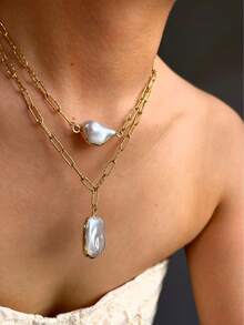 1pc Fashionable Versatile Asymmetrical Baroque Style Pendant Stainless Steel Necklace For Women - Necklace - View 4