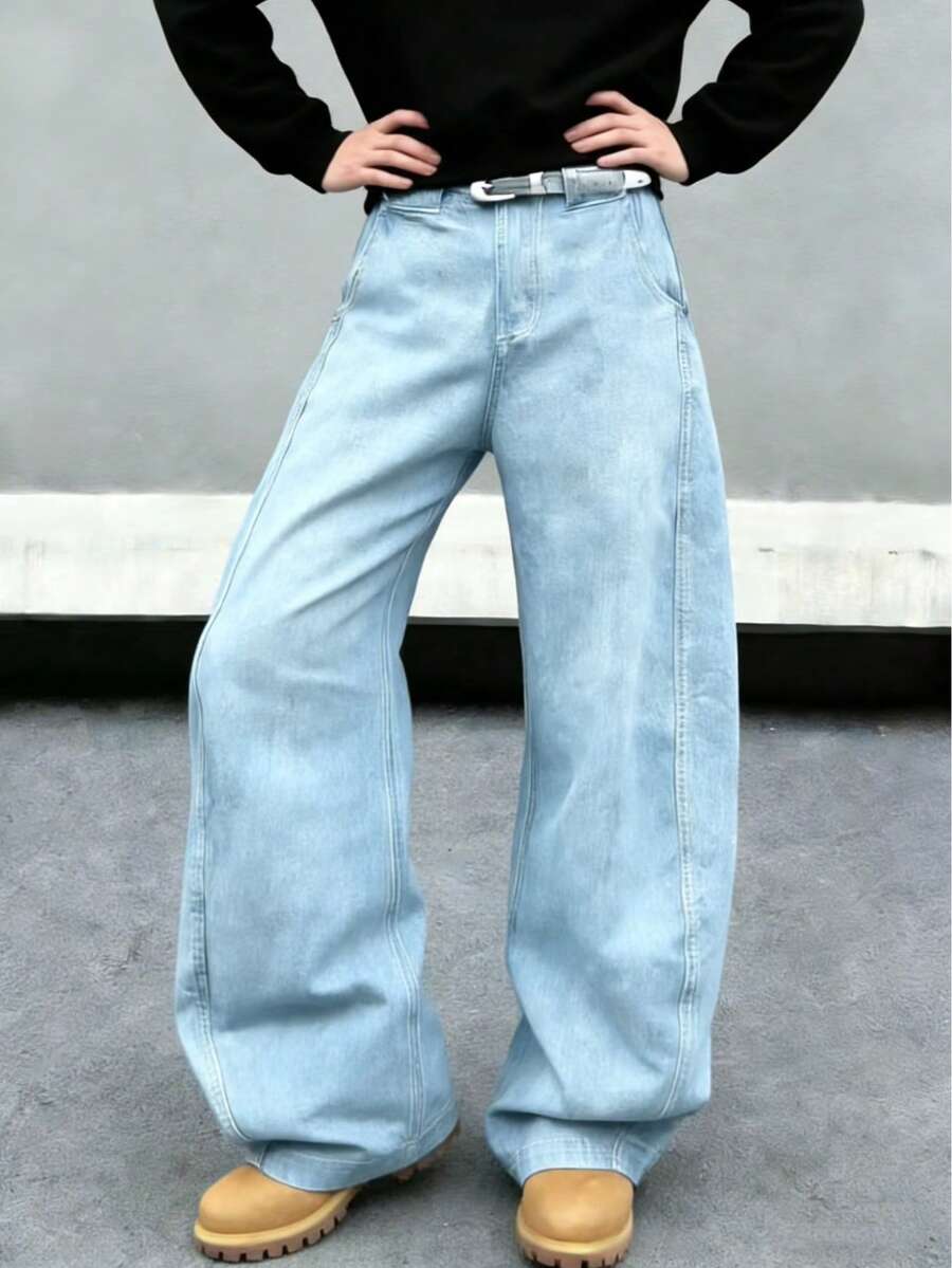 Men's Retro Loose Wide-Leg Jeans, Pioneering Casual Hip-Hop Street Style, Fashion Relaxed Fit All/Global/Universal - Light Wash - View 1