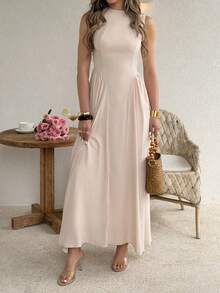 Đầm Unadoll dành cho nữ, cổ tròn, không tay, khóa kéo sau lưng, thiết kế xếp ly, thích hợp cho kỳ nghỉ, hẹn hò, sinh nhật, tiệc tùng và lễ hội mùa xuân. - Màu be - Xem 5