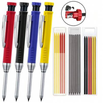 7Pcs Carpenter Pencil Set With 30 Refill Cores 2Pen - Heavy Duty Mechanical Pencil Kit, Red & Black Mechanical Pencils With 2.8mm Multi-Color Leads + Deep Hole Long Nib Design, Built-In Sharpener & Marking Tool For Woodworking, Construction,Architect Marking & DIY Projects