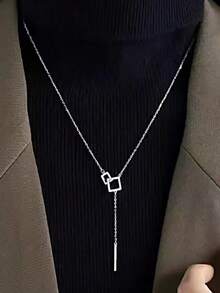 1件S925纯银长链流苏项链，女士奢华镂空方形吊坠项链，时尚独特礼物 - 方形 - 查看 1