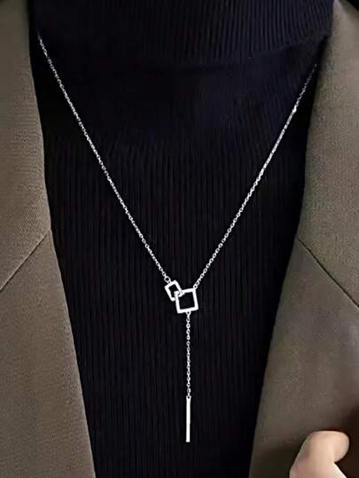 1件S925纯银长链流苏项链，女士奢华镂空方形吊坠项链，时尚独特礼物