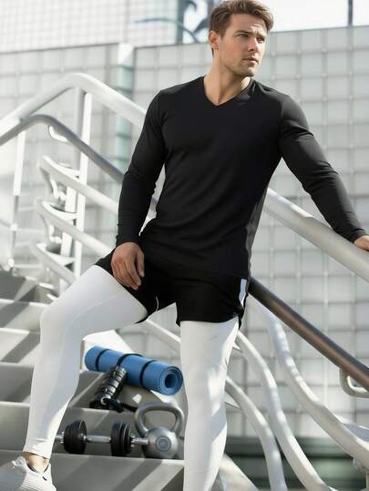 Áo thun thể thao nam dài tay cổ chữ V, kiểu dáng cổ điển, màu trơn.