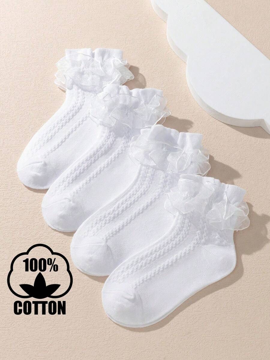4 đôi tất cotton viền ren dành cho bé gái và trẻ nhỏ, tất trắng cho bé. - trắng - Xem 1
