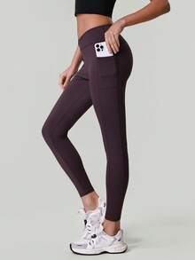 女士交叉腰带口袋瑜伽裤，收腹运动跑步瑜伽紧身裤 - 紫色 - 查看 8