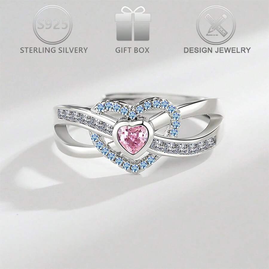 1pc 925 Silver Heart Shaped Zirconia Adjustable Ring, Elegant Quality Design Suitable For Daily Casual, Party, Wedding, Engagement, Valentine's Day, Birthday Gift For Women - Silver - View 1