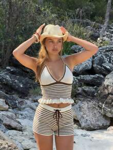 女士新款条纹镂空扭结露背吊带针织上衣和针织短裤套装，沙滩度假 - 彩色 - 查看 3