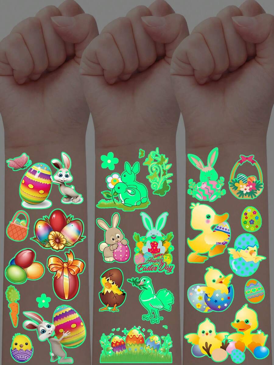 10张共120张图案夜光临时纹身贴纸，卡通复活节元素图案，可爱有趣的节日装饰，防水，可持续2-5天，是节日派对礼物的理想之选，可用于复活节彩蛋、兔子、小鸡等图案。 - 彩色 - 查看 1
