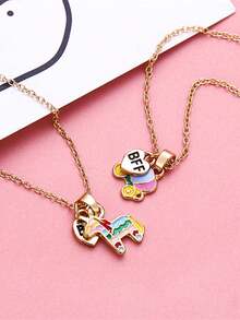 2pcs/Set Girls' Zinc Alloy Colorful Enamel Flower Pendant Necklace Set, Includes Heart-Shaped BFF Charm, Suitable For Daily Wear And Sharing With Best Friends - one-size - View 7