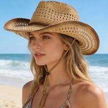 1Pc Retro Men Women Openwork Straw Cowboy Hat, Stylish Breathable Beach Sun Hat, Outdoor Hiking Hat, Windproof Strap Design For Adjustment And Comfort, Suitable For Outdoor Sports, Vacation Travel, And Daily Outings - 棕色 - 查看 2