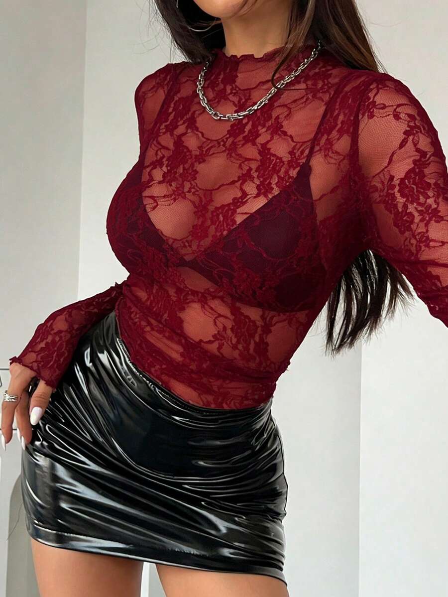女士透视蕾丝长袖修身上衣 - 酒紅色 - 查看 1