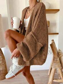 Women's Loose-Fit Plain Sweater, Casual Fall & Winter Knitwear, Lantern Sleeve Design, Moderate Fabric Thickness, Comfortable Daily Wear - màu nâu - Xem 2