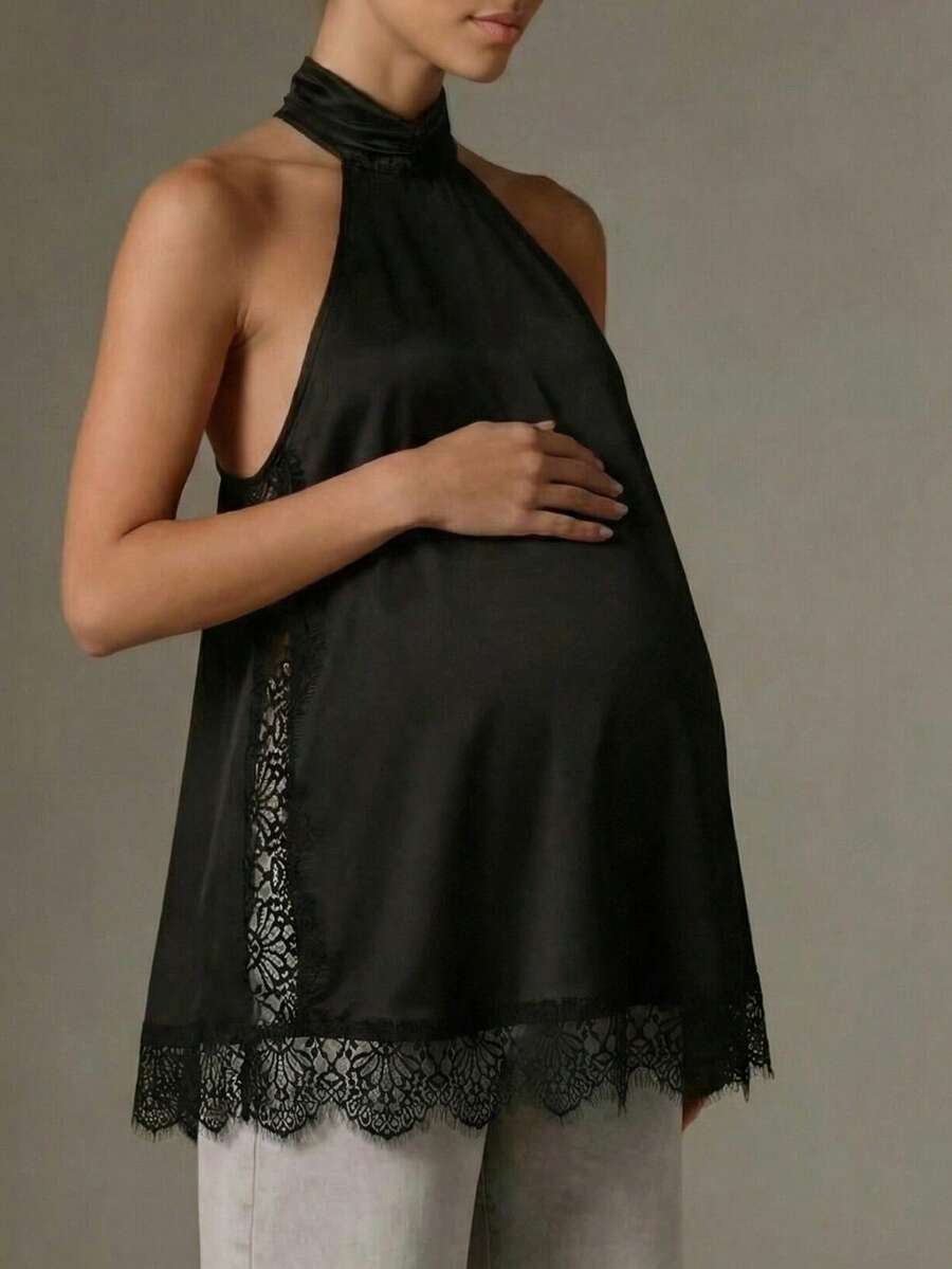 Áo hai dây ren cho bà bầu, áo bầu dáng rộng bằng satin co giãn, áo bầu viền ren eo, áo lót hai dây co giãn cho bà bầu, áo bầu thường ngày màu đen - màu đen - Xem 1