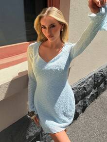 Women's Sweetheart Neckline Mini Dress With Sheer Long Sleeves And Fitted Silhouette For Day Date, Vacation Getaway, Weekend Brunch, Casual Going Out, Beach Vacation And Romantic Evening, Plain Spring Summer Outfits - Blue - View 7