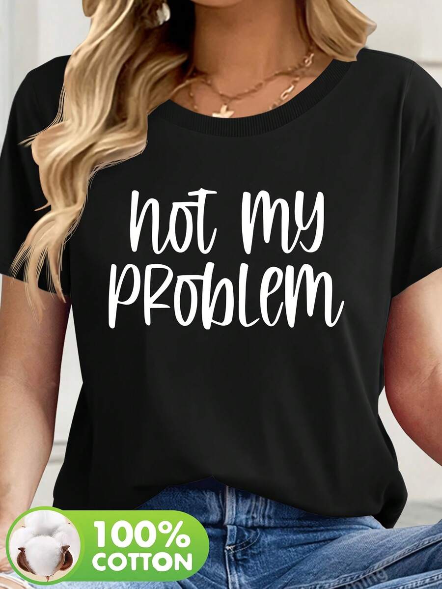 Camiseta Casual De Mujer "No Es Mi Problema" Con Estampado - Manga Corta En Rosa Suave, Cuello Redondo Para Verano, Lavable A Máquina Y Transpirable, Diseño Divertido, Ajuste Relajado, Cómoda - [Oscuro] - Ver 1
