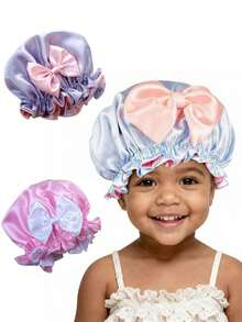 Children Satin Bow Sleep Cap, Elastic Silk-Like Round Baby Bonnet, Infant Hair Protective Hat - Multicolor - View 1