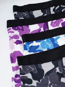 4件套男士内裤，迷彩鲨鱼齿印花长款平角内裤，运动速干平角内裤，时尚印花男士内裤，大码舒适男士长款平角内裤，创新男士内裤，老公惊喜礼物，男友圣诞礼物，平角内裤，万圣节男友礼物 - 彩色 - 查看 4