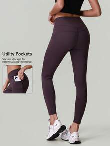 女士交叉腰带口袋瑜伽裤，收腹运动跑步瑜伽紧身裤 - 紫色 - 查看 2