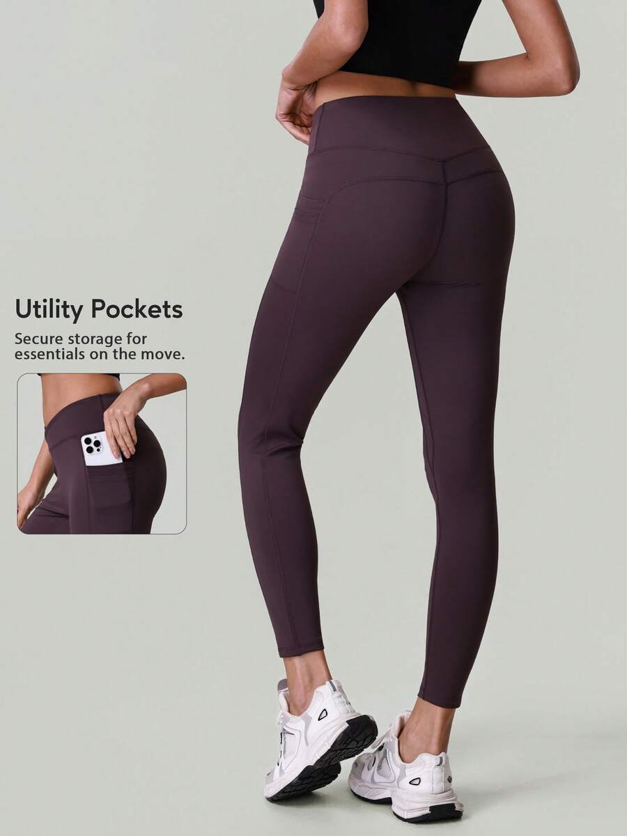 女士交叉腰带口袋瑜伽裤，收腹运动跑步瑜伽紧身裤 - 紫色 - 查看 1