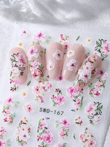 2片/套 时尚粉色花卉5D立体美甲贴纸，逼真樱花枝蔓美甲贴花，DIY水彩混合花卉美甲装饰，春夏美甲用品 - 彩色 - 查看 6
