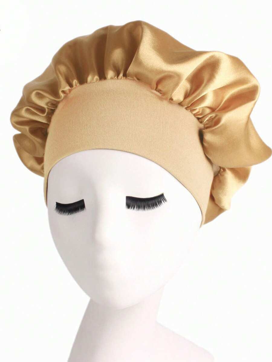 丝绸睡眠帽套装 - 缎面发帽，适合卷发/波浪发质，配有柔软的弹性带（粉色、黑色和金色），轻柔呵护秀发，有效控制毛躁。 - 金色 - 查看 1