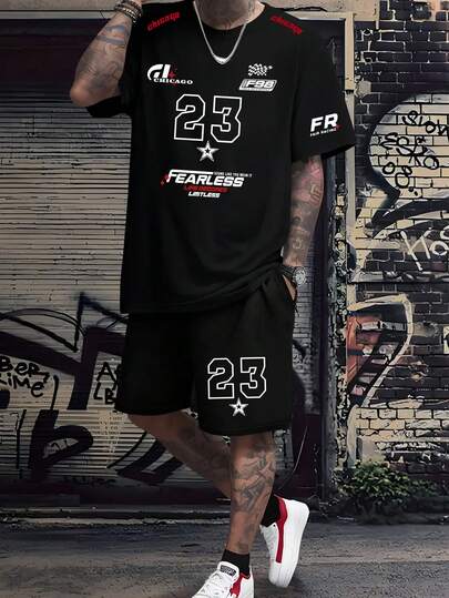 Men's Standard Size Summer Creative "23" Numeric & English Graphic Print Casual Sports Commuter Round Neck T-Shirt Set