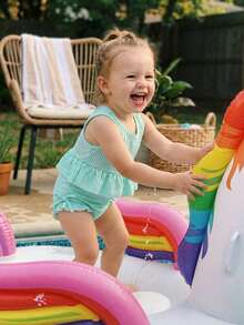 Toddler Baby Girls Summer Outfit Fashionable Cute Striped Ruffle Hem Tank Tops With Shorts 2Pcs Set - Green - View 3