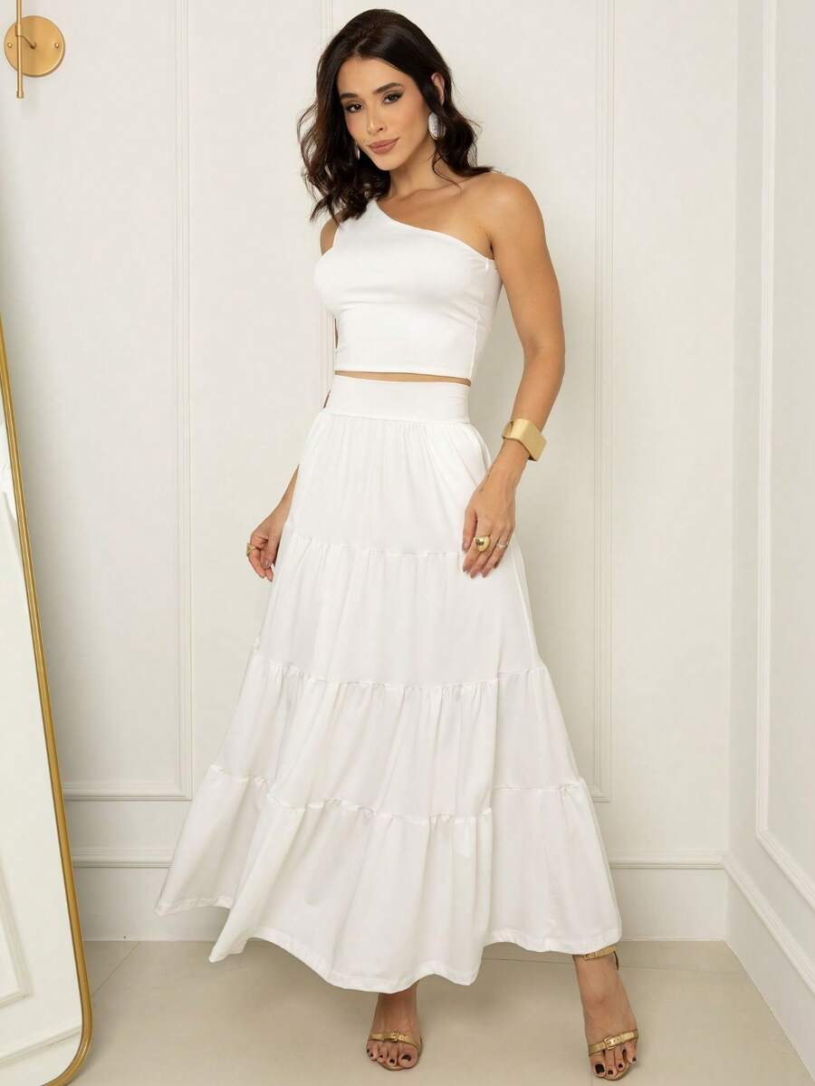 Women's Three-Maria Set: Long Skirt, Cropped Top, Sleeveless, Asymmetrical, Casual, Elegant, White. - 白色 - 查看 1