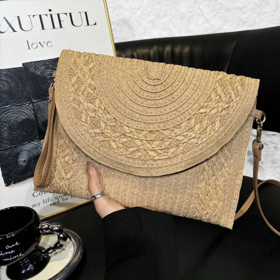 Straw Handbag Wallet With Adjustable Strap, Beach Fashion, Beautiful Women's Bag, Cell Phone And Objects Holder, Summer Fashion, Boho Chic Style, Small  Bag For Events Or Everyday Use, Very Large Capacity, Adjustable Strap - Màu Khaki - Xem 1
