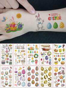 10张，共136个卡通复活节彩蛋和兔子图案的临时纹身贴纸，防水，可持续2-5天，适合作为节日派对礼物。 - 彩色 - 查看 3