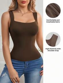 1 pieza Camiseta de compresión para mujer, top corto cómodo y moldeador, top deportivo con entrenador de cintura, ajuste ceñido 2 en 1 con sujetador acolchado, camiseta interior de unicolor - Marrón - Ver 2