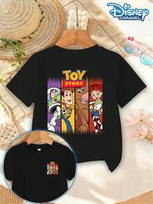 Disney T-Shirt Toy Story T-Shirt For Boys And Girls With Round Neck Short Sleeves Featuring Buzz Lightyear, Woody, Red Horse, And Trish Comic Prints, Retro And Fashion, Suitable For Summer Leisure Outings, Class Reunions, And Daily School Trips - 黑色 - 查看 2