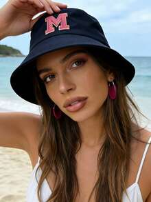1pc Foldable Soft Brim Women's Sun Hat With 26 English Letter Pattern, UV Protection Outdoor Camping Hiking Beach Bucket Hat, Spring/Summer - Navy Blue - View 3