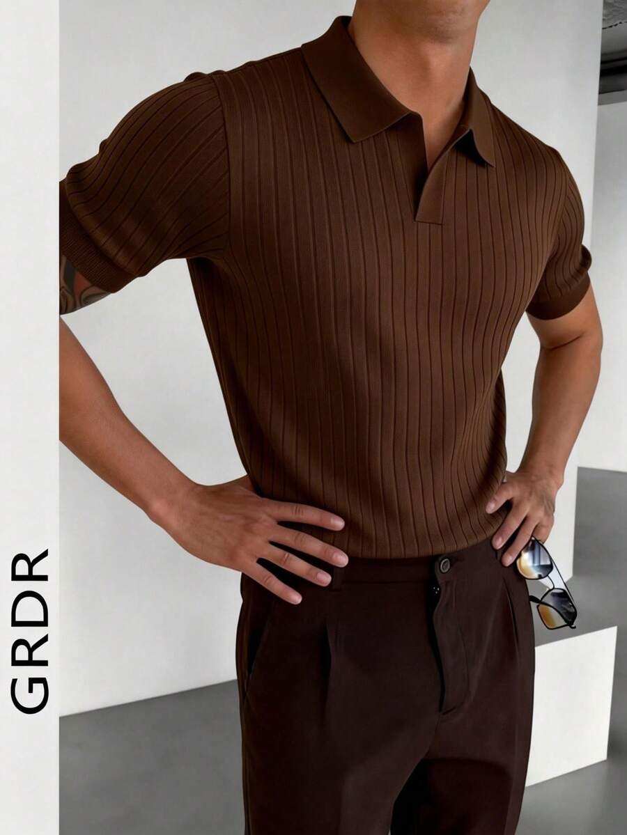 GRDR Áo polo nam mùa hè dệt kim, màu trơn, tay ngắn, cổ áo dệt kim, thích hợp cho các hoạt động mùa hè, là item không thể thiếu cho trang phục thời trang. - màu nâu - Xem 1
