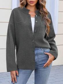 Tankaneo Women's Oversized Collared Button-Down Cardigan – Long Sleeve Soft Knit Sweater Jacket, Petite-Flattering & Curvy-Friendly Fall Layer For Office, Campus, Coffee Run, Travel & Cozy Daily Wear – Knit Cardigan Top (Perfect For Valentine's Day, Thanksgiving & Back To School) - Màu xám đen - Xem 2