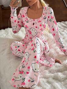 SANRIO Bộ đồ ngủ nữ 2 món họa tiết Hello Kitty, áo dài tay và quần dài mềm mại, đồ mặc nhà thoải mái, phù hợp mọi mùa. - Hồng - Xem 5