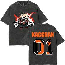 Anime My Hero Academy Bakugo Katsuki Logo Pattern T-Shirt 2026 Summer Men's Women's Luxury Fashion Retro Leisure Cotton T-Shirt - 灰色 - 查看 5