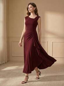 Elegant Asymmetrical Neck Wedding Guest Dress Women For Wedding Semi Formal Dress Prom Dress - Burgundy - View 3