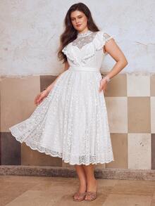 Simplee Vestido largo blanco sin mangas, elegante y nuevo para verano para mujer de talla grande, con volantes de encaje, falda amplia vintage, adecuado para boda, fiesta de cumpleaños, cita, vacaciones, graduación - Blanco - Ver 4