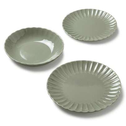 1 pieza/2 piezas Plato plano/Plato de sopa de cerámica de 10.5/7.5/8 pulgadas, estilo Wabi-Sabi color gris-verde Morandi, diseño de borde ondulado con relieve de concha, textura de esmalte brillante, apto para microondas/lavavajillas/horno, fácil de limpiar y resistente a los arañazos, adecuado para servir bistec, pasta y té de la tarde, ideal para la decoración del hogar Wabi-Sabi, comidas ligeras al estilo japonés, uso diario y fiestas de aperitivos