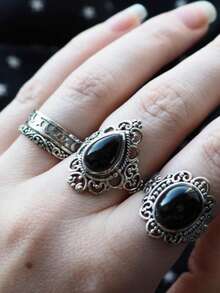 Bộ 4 nhẫn hở hình học hình ngôi sao, mặt trăng và hoa, chất liệu đồng tông bạc phong cách Gothic cổ điển khảm đá đen, phù hợp để đeo hàng ngày cho phụ nữ - Màu Bạc Cổ - Xem 11