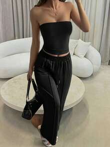 Bộ đồ mùa thu Vaiaye 2 món, áo crop top cúp ngực gợi cảm ôm sát và áo quây yoga màu trơn co giãn ôm sát, cùng quần dài màu đen thanh lịch dành cho mùa xuân/hè. - màu đen - Xem 9