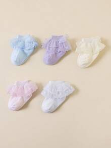 5双装女童白色休闲荷叶边蕾丝袜，时尚公主风蕾丝袜，适合日常穿着、派对、返校季。 - 彩色 - 查看 4