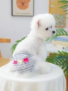 PETCIRCLE 1件宠物狗衣服，室内外皆宜，欧美韩风，适合贵宾犬、泰迪犬、小型犬和幼犬，休闲时尚可爱舒适宠物薄纱蝴蝶结尿布 - 灰白条纹 - 彩色 - 查看 1