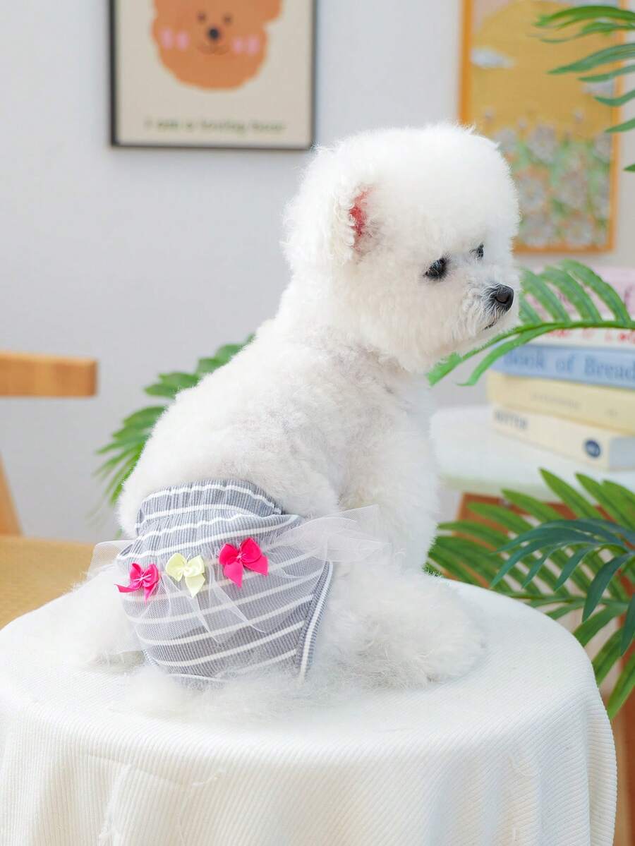 PETCIRCLE 1件宠物狗衣服，室内外皆宜，欧美韩风，适合贵宾犬、泰迪犬、小型犬和幼犬，休闲时尚可爱舒适宠物薄纱蝴蝶结尿布 - 灰白条纹 - 彩色 - 查看 1