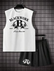 Voidago Men's Casual Graphic Print Round Neck Tank Top And Drawstring Waist Shorts Set - White - View 2