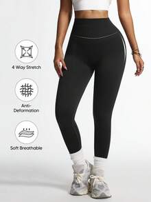 女士无缝瑜伽健身蜜桃臀紧身裤 - 黑色 - 查看 4